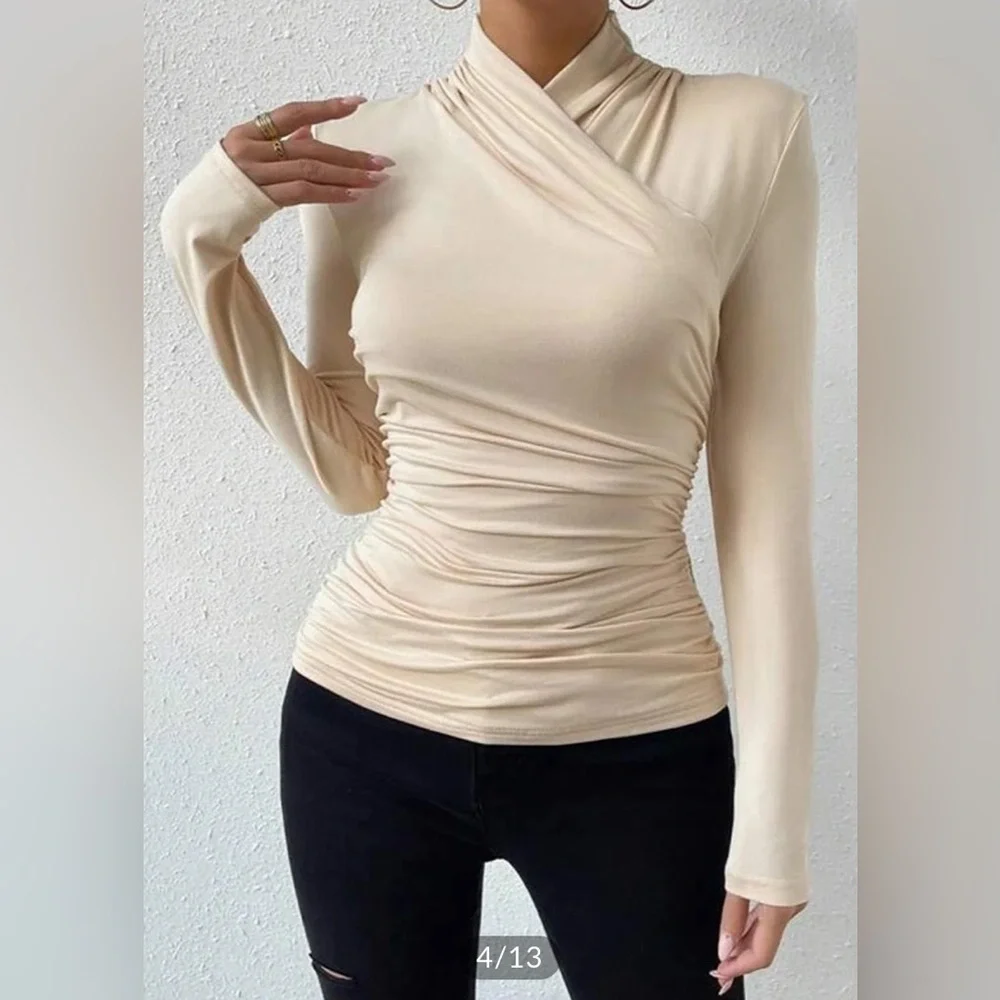 Cross-Over Collar Pleated Cinched T-Shirt Commense XS NWT CM6 - Picture 4 of 6